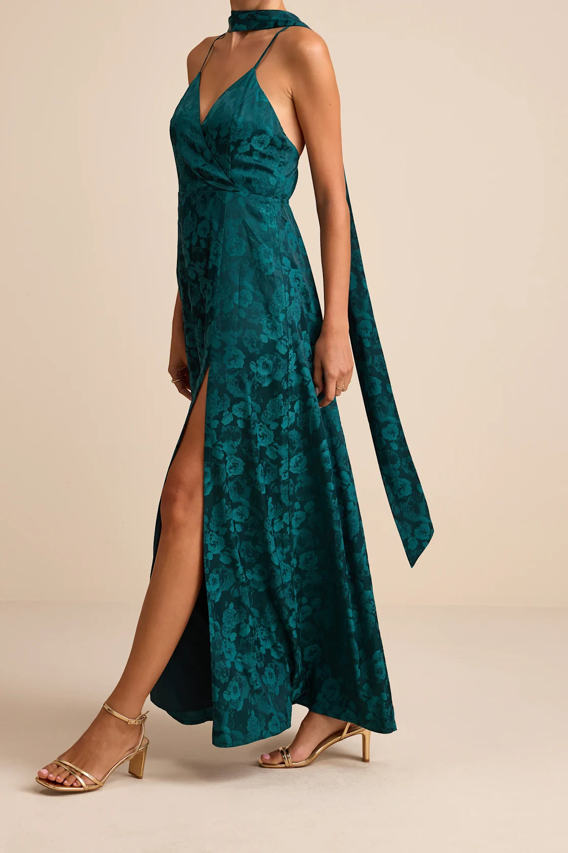 Mahira Navy Satin Jacquard Surplice Sash Scarf Maxi Dress
