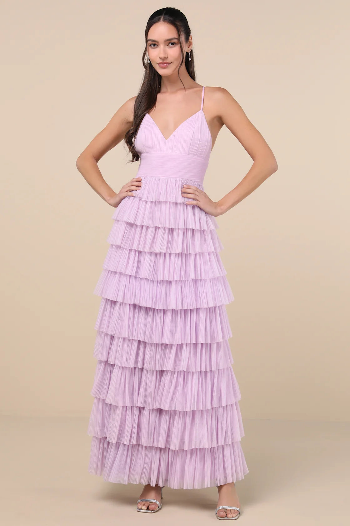 Radiant Event Lavender Mesh Tiered Ruffled Backless Maxi Dress