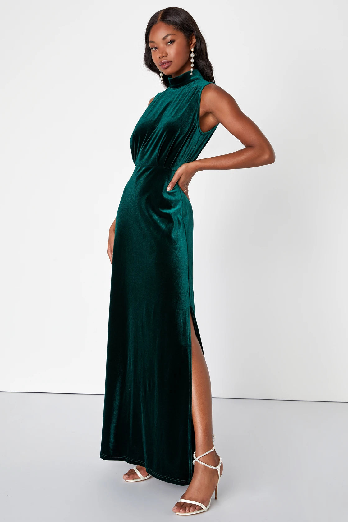 Classic Elegance Brown Velvet Sleeveless Mock Neck Maxi Dress