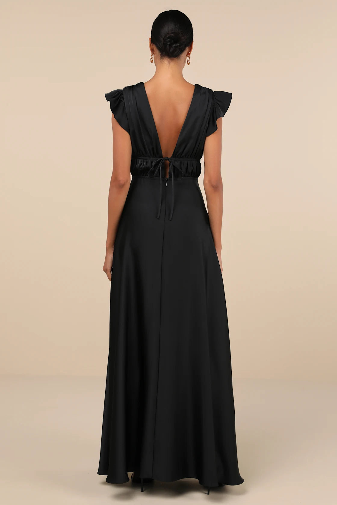 I'm All Yours Black Satin Cutout Ruffled Maxi Dress