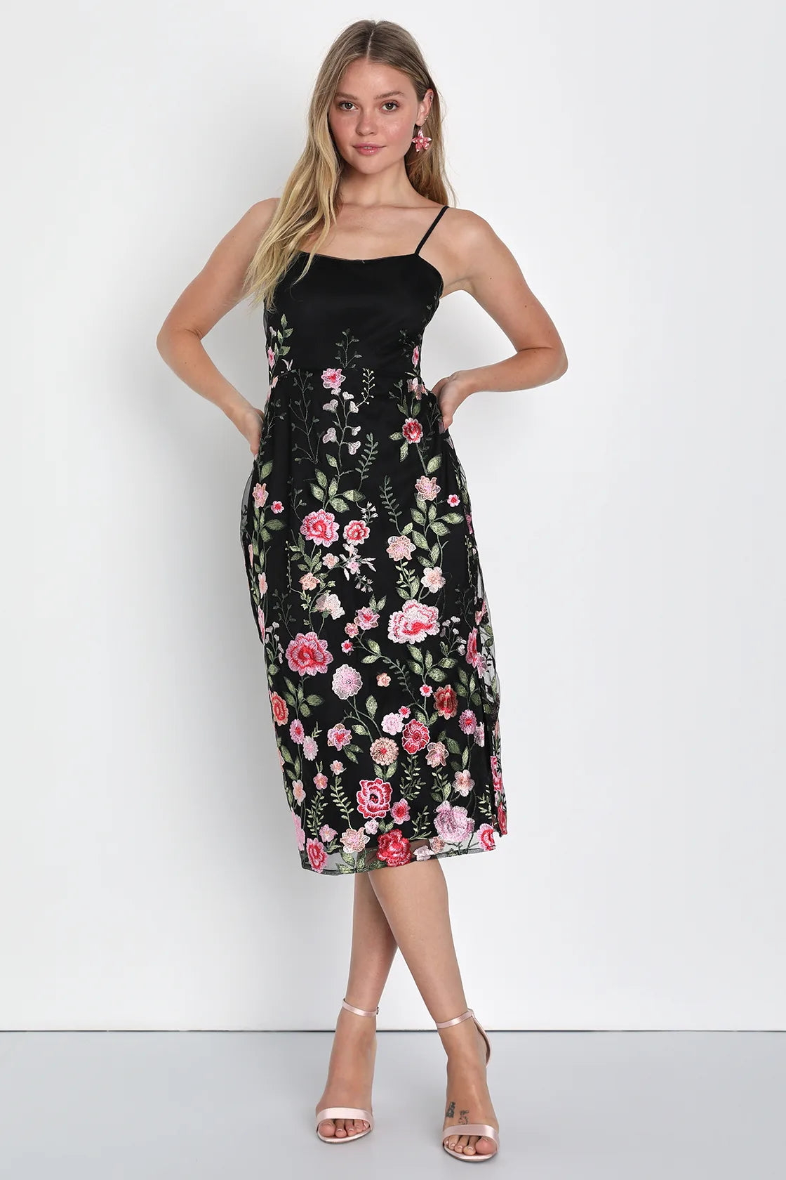 Blooming For Love Pink Floral Embroidered Midi Dress