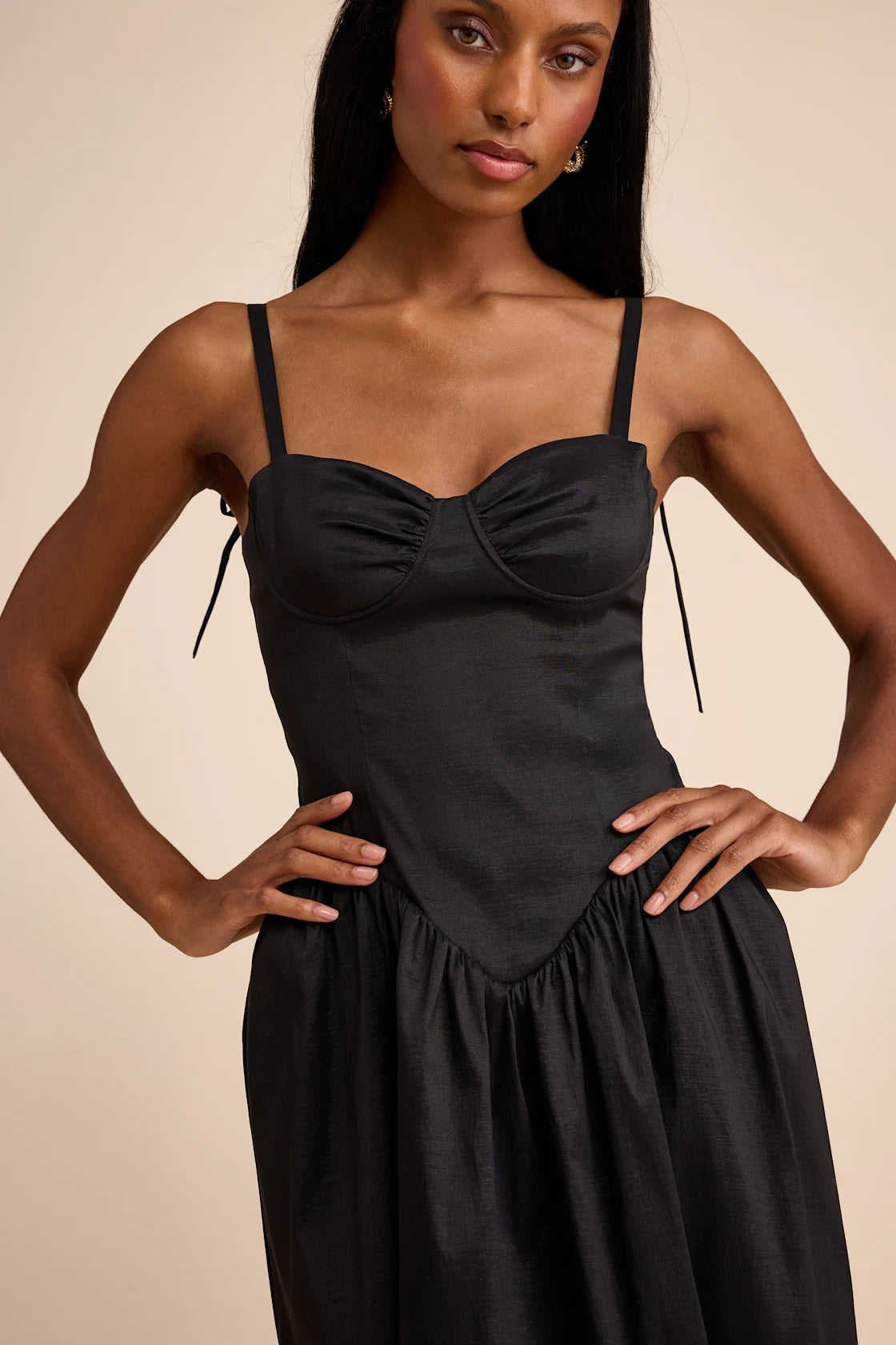 Goodwin Black Taffeta Tie-Strap Bustier Midi Dress