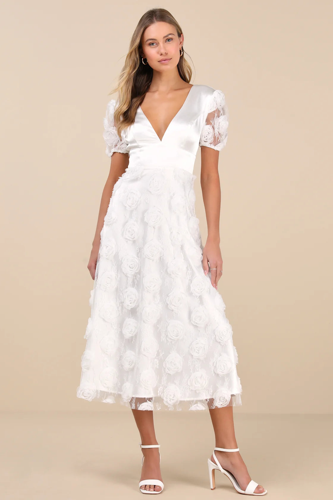 Gorgeous Elevation White Lace Rosette Puff Sleeve Midi Dress