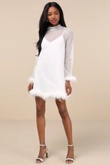 Immaculate Charisma White Mesh Feather Long Sleeve Mini Dress
