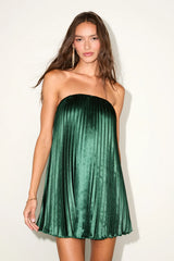 Bellina Emerald Green Satin Pleated Strapless Mini Dress