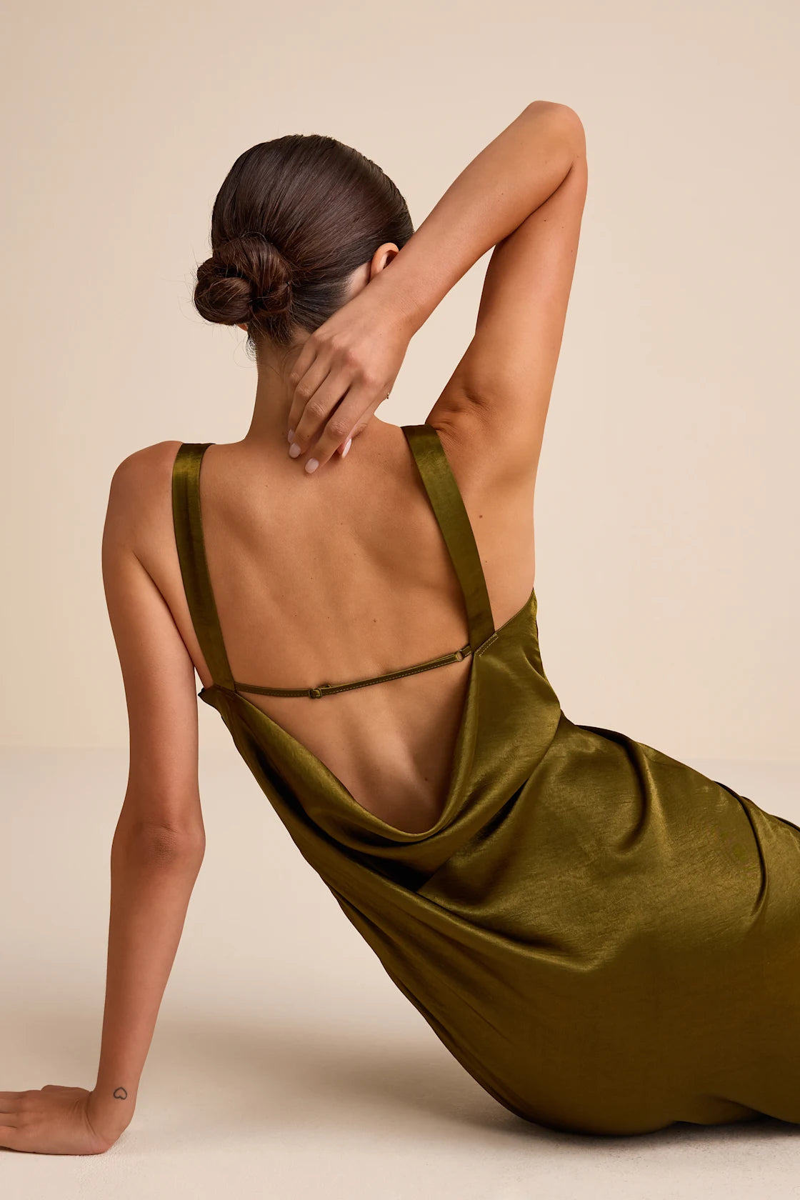 Janita Olive Satin Sleeveless Cowl Back Maxi Dress
