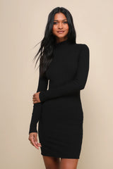 Dashing Black Ribbed Mock Neck Long Sleeve Bodycon Mini Dress