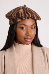 Dashwood Brown Animal Print Fuzzy Knit Beret