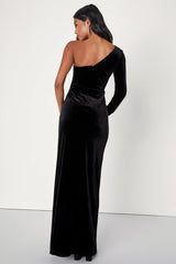 Mysterious Elegance Black Velvet One-Shoulder Maxi Dress