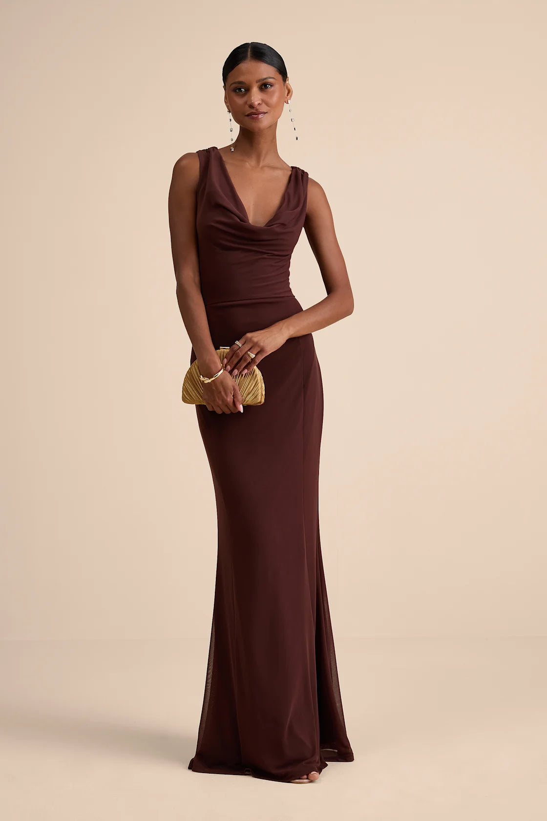 Stunning Mystery Brown Mesh Cowl Back Mermaid Maxi Dress