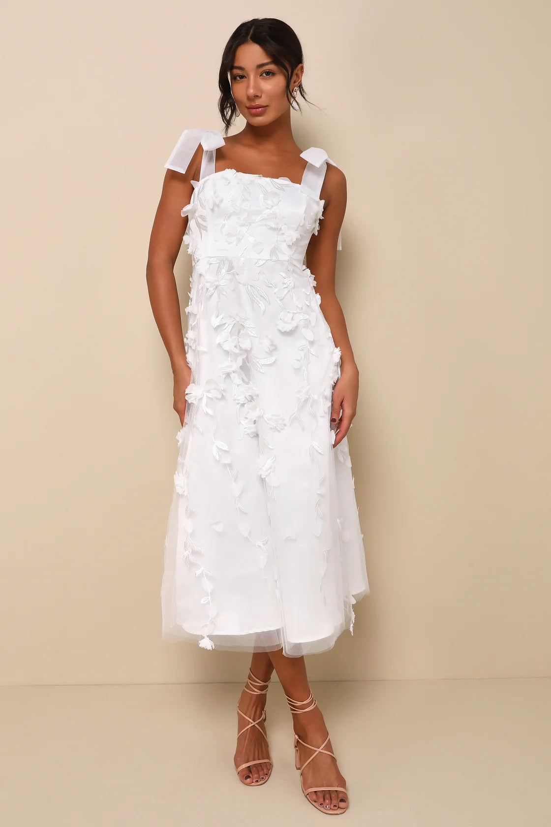 Effortlessly Sweet Blush Tulle 3D Floral Tie-Strap Midi Dress
