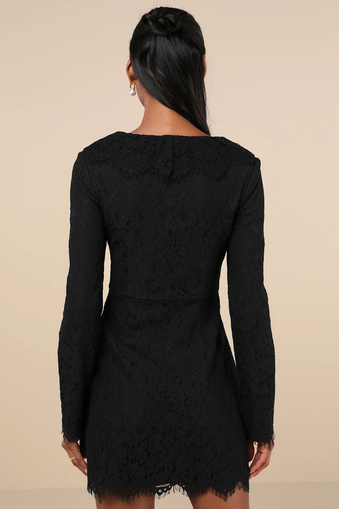 Memorably Romantic Black Lace Long Sleeve Mini Dress