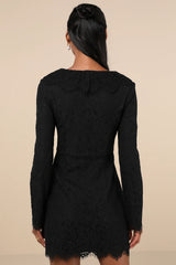 Memorably Romantic Black Lace Long Sleeve Mini Dress