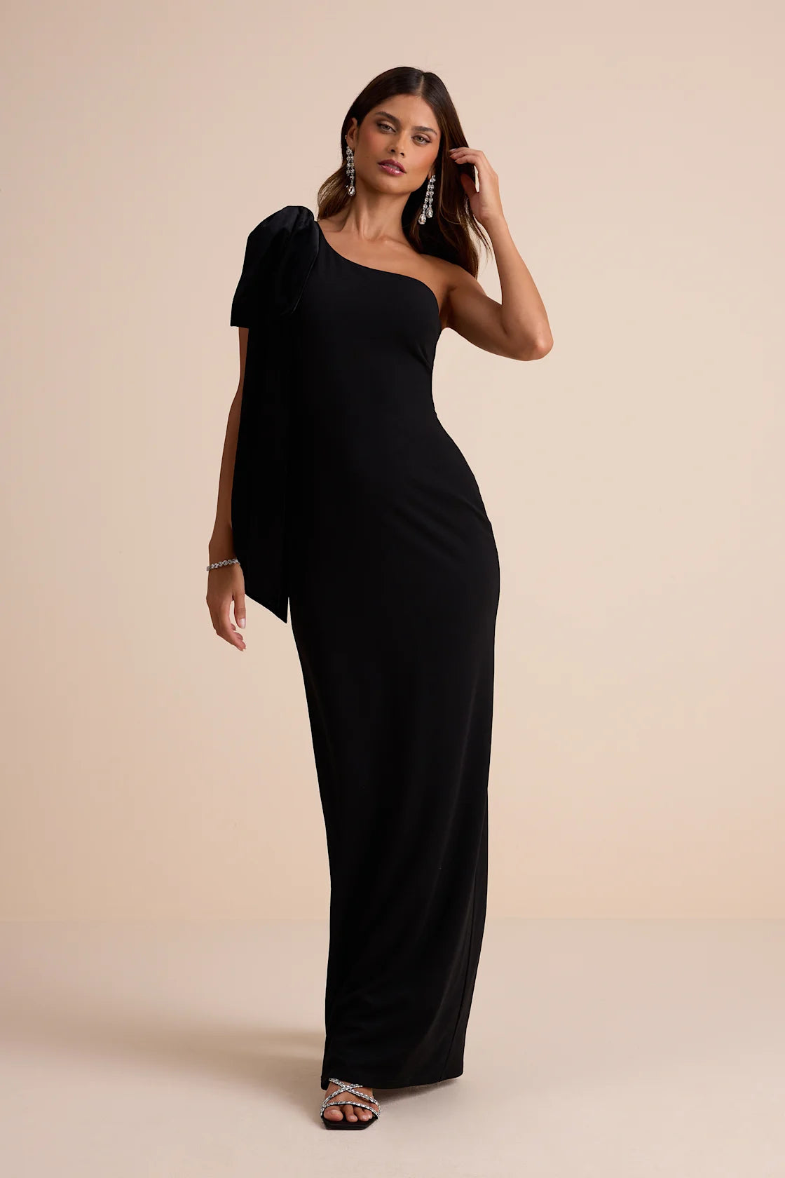 Amarila Burgundy One-Shoulder Velvet Bow Maxi Dress