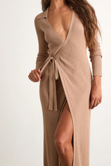 Neyla Olive Green Ribbed Sweater Wrap Midi Dress