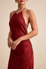 Ayura Rust Red Satin Jacquard Tie-Back Halter Maxi Dress