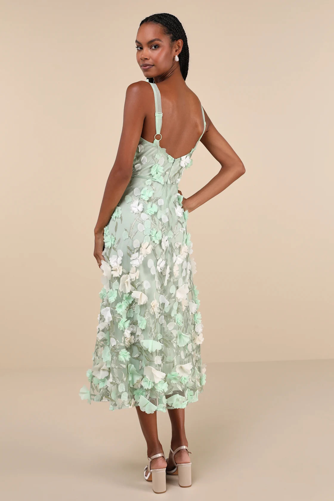 Elite Cutie Mint Green Mesh 3D Floral Embroidered Midi Dress