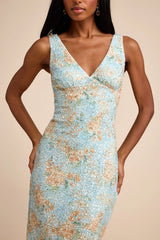 Renita Light Blue Floral Sequin Column Midi Dress