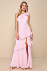 Brilliant Grace Light Pink Ruffled One-Shoulder Maxi Dress