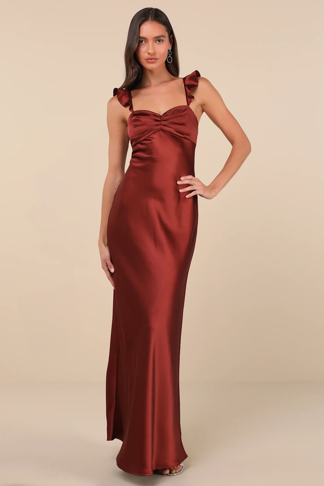 Exuberant Luxury Rust Satin Ruffled Lace-Up Maxi Dress