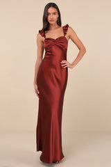 Exuberant Luxury Rust Satin Ruffled Lace-Up Maxi Dress