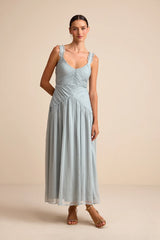 Laufey Dusty Blue Pleated Drop Waist Midi Dress