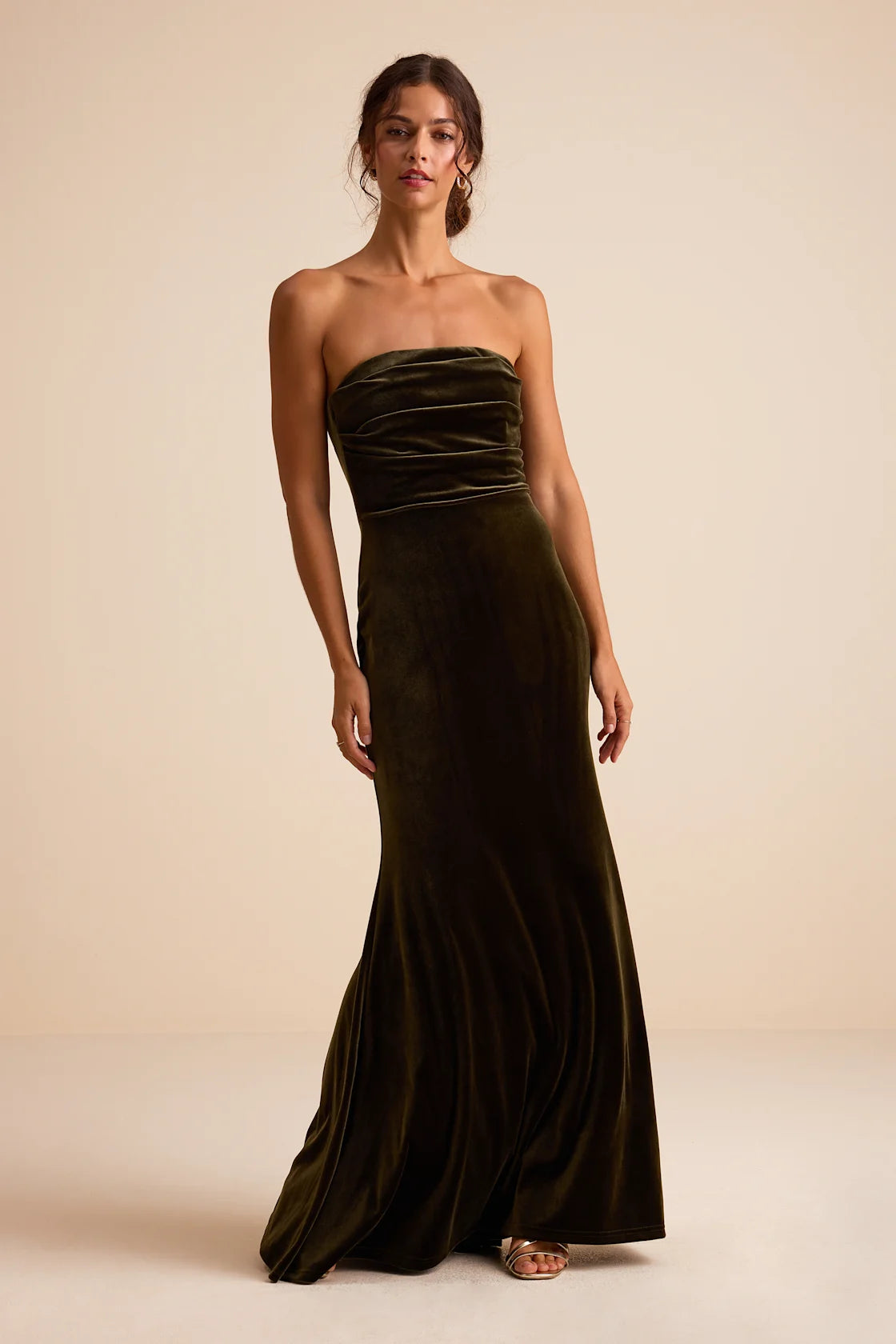 Maren Olive Velvet Strapless Mermaid Maxi Dress