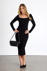 Certainly Darling Heather Beige Ribbed Long Sleeve Midi Dress