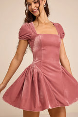 Louisa Pink Velvet Puff Sleeve Mini Dress
