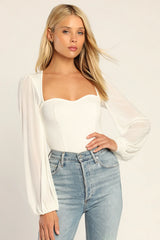 Sensational Sweetheart Black Ribbed Balloon Sleeve Bodysuit