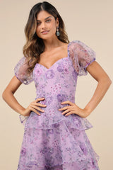 Oh-So Stunning Purple Floral Organza Tiered Midi Dress