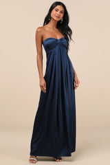 Memorable Entrance Dark Purple Strapless Satin Maxi Dress