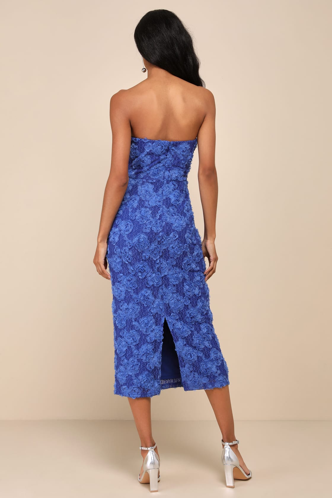Flawless Perfection Emerald Floral Applique Strapless Midi Dress