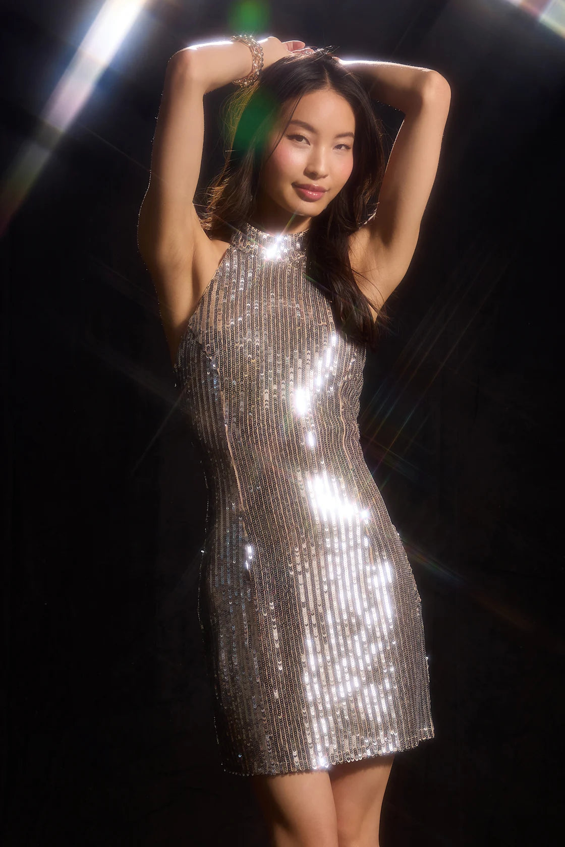 Lavigne Silver Sequin Halter Backless Mini Dress
