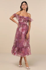 Sweet Composure Plum Floral Organza Off-the-Shoulder Midi Dress