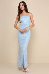 Perfectly Luxurious Light Blue Pearl Strapless Maxi Dress