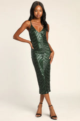 Like a Movie Star Hunter Green Sequin Bodycon Midi Dress