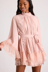 Sidonie Blush Pink Lace Bell Sleeve Mini Dress