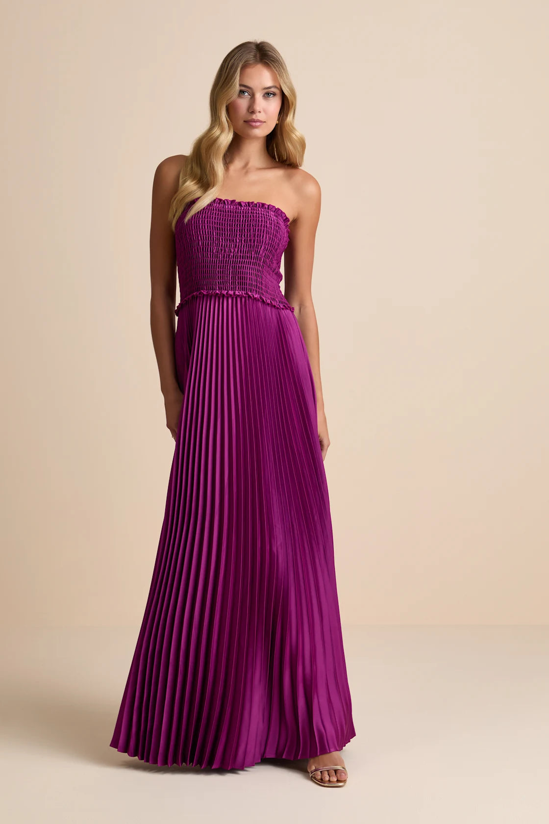 Damira Rust Satin Pleated Strapless Maxi Dress