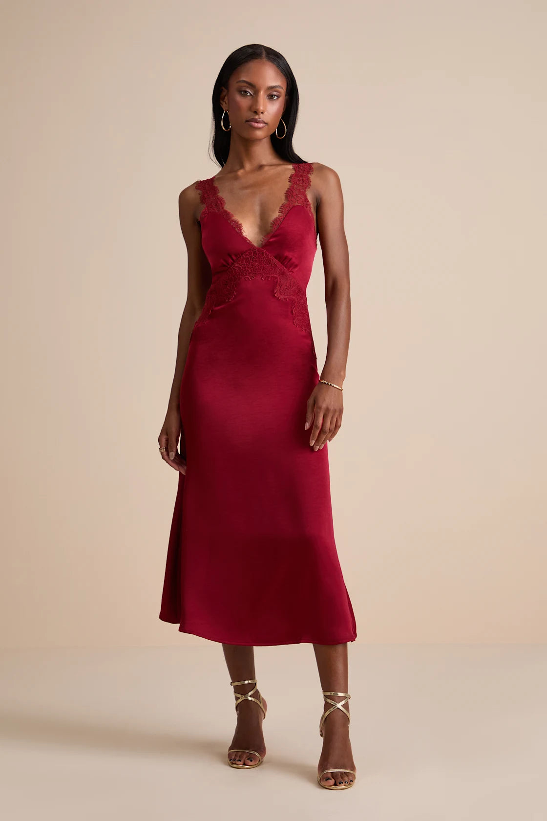 Alayah Red Satin Lace Tie-Back Midi Dress