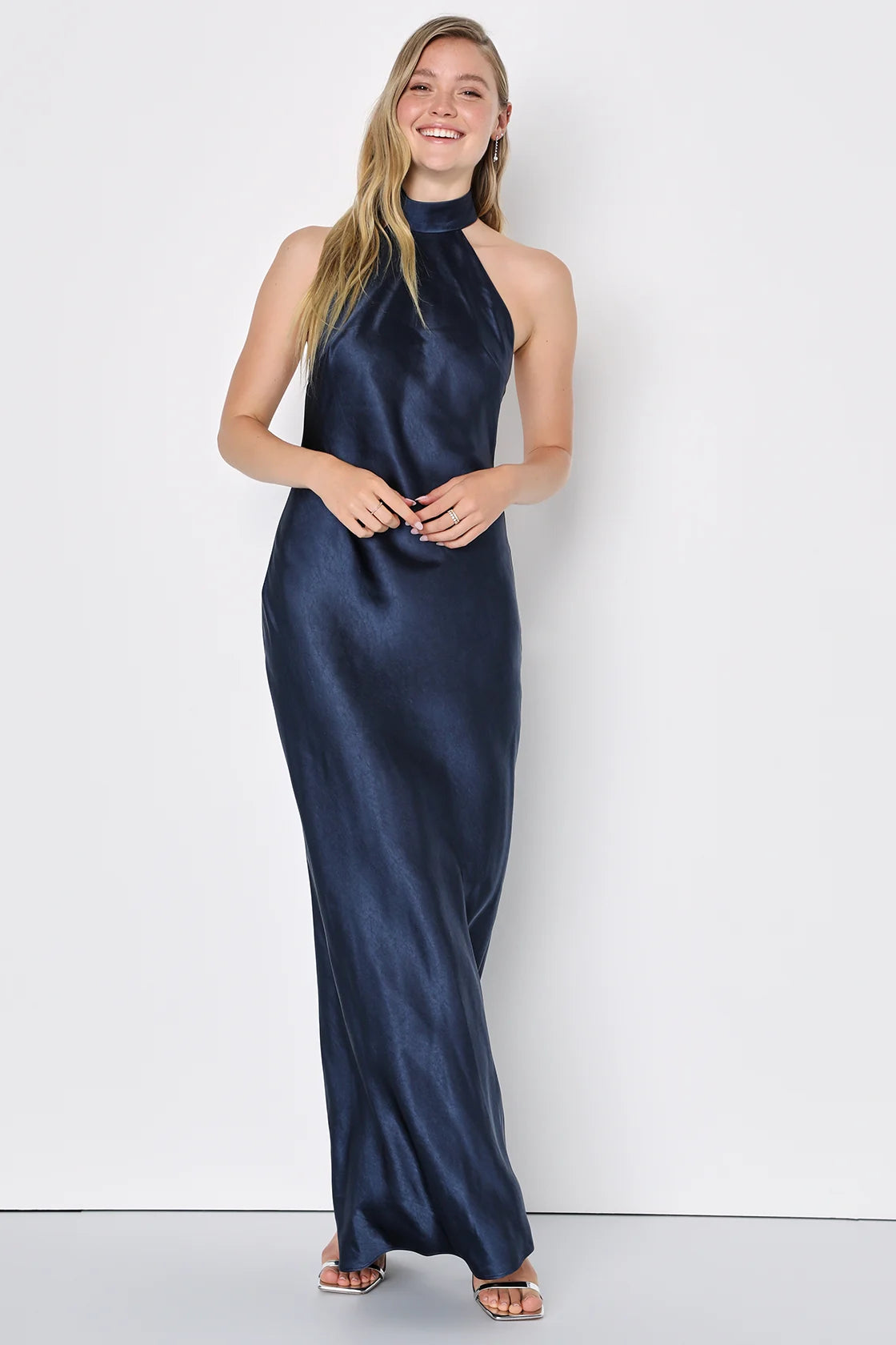 Love in Your Life Navy Blue Satin Halter Maxi Dress