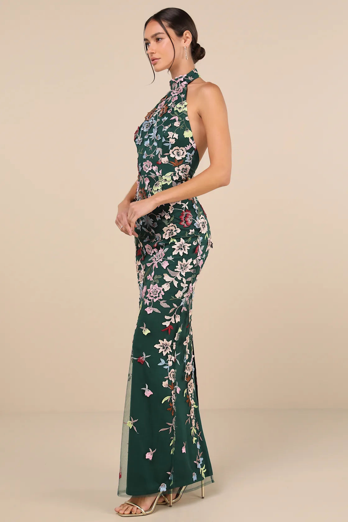Infinite Praise Black 3D Floral Embroidered Halter Maxi Dress