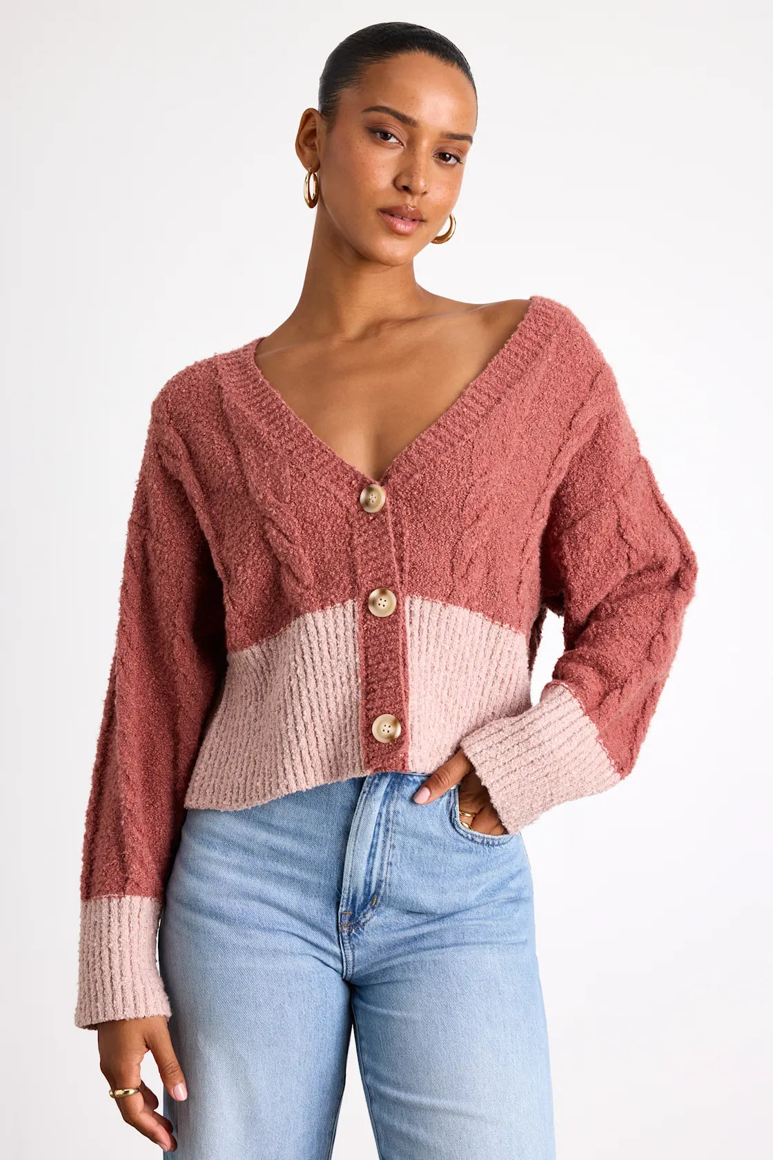 Convincingly Cozy Beige and Ivory Cable Knit Boucle Cardigan