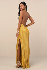 Gwenny Lime Green Satin Plisse Maxi Dress