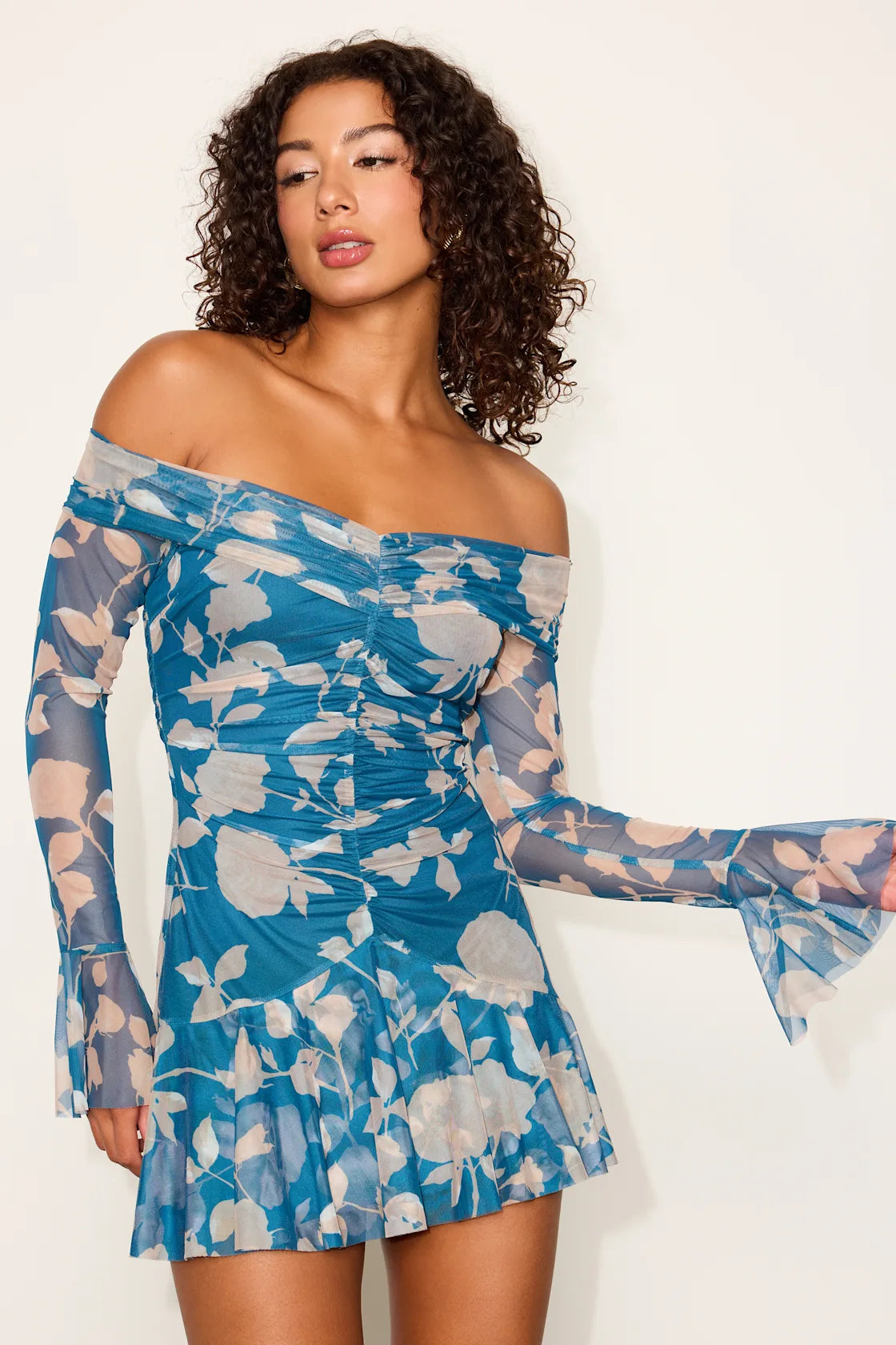 Milith Teal Blue Floral Mesh Off-the-Shoulder Mini Dress