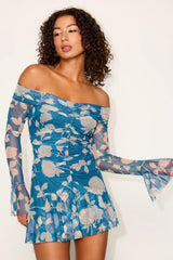 Milith Teal Blue Floral Mesh Off-the-Shoulder Mini Dress