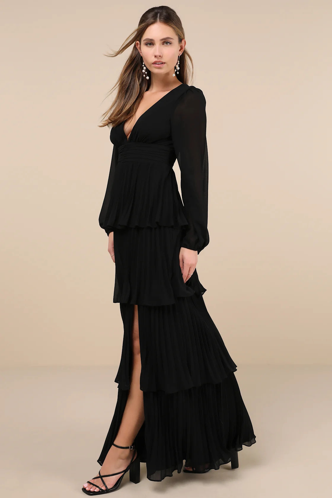 Graceful Finesse Navy Blue Pleated Long Sleeve Maxi Dress