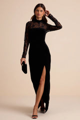 Avalia Black Velvet Lace Mock Neck Maxi Dress