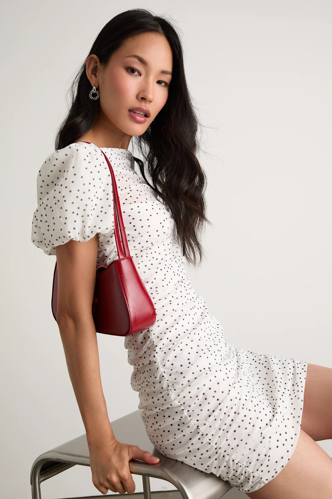 Claritza White Polka Dot Ruched Puff Sleeve Mini Dress