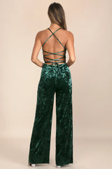 Dreams of Disco Emerald Green Velvet Lace-Up Jumpsuit